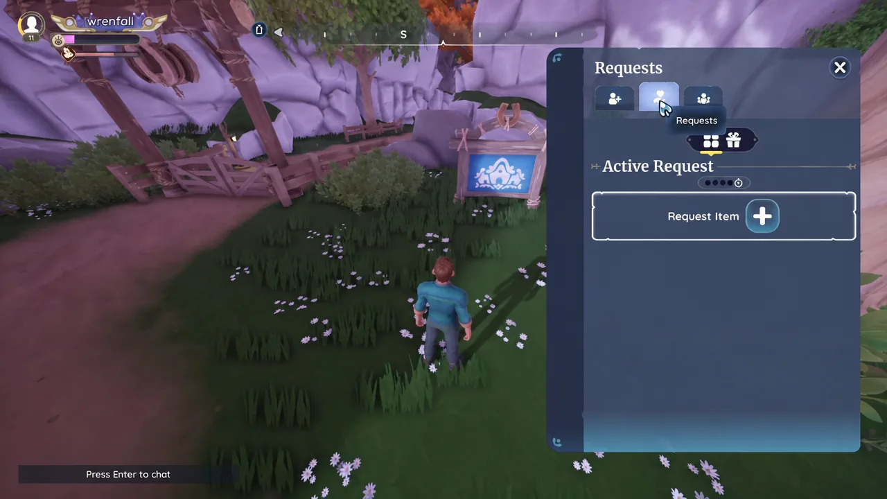 The social menu open in Palia with the Requests tab highlighted alongside the friends list.