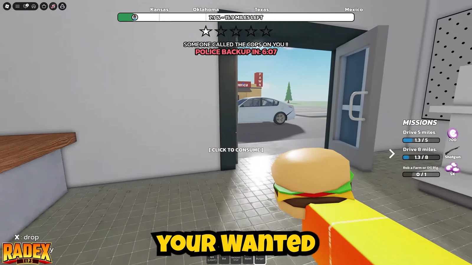Burger item equipped with a click-to-consume prompt during a police backup alert
