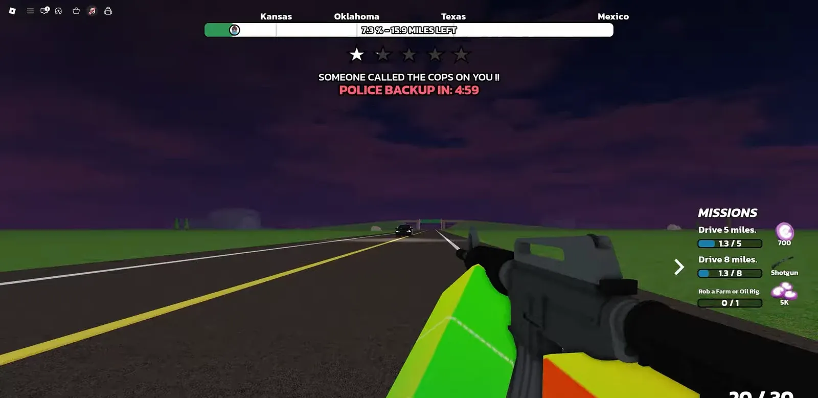 First-person view driving down the highway toward Fueland with a shotgun equipped