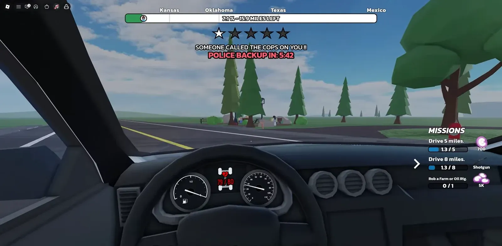 Driving view with the Missions panel visible and a police backup countdown running