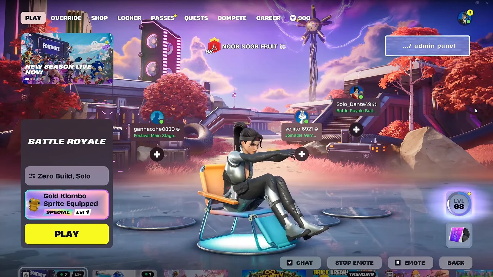 Fortnite lobby set to Zero Build Solo with the yellow Play button ready