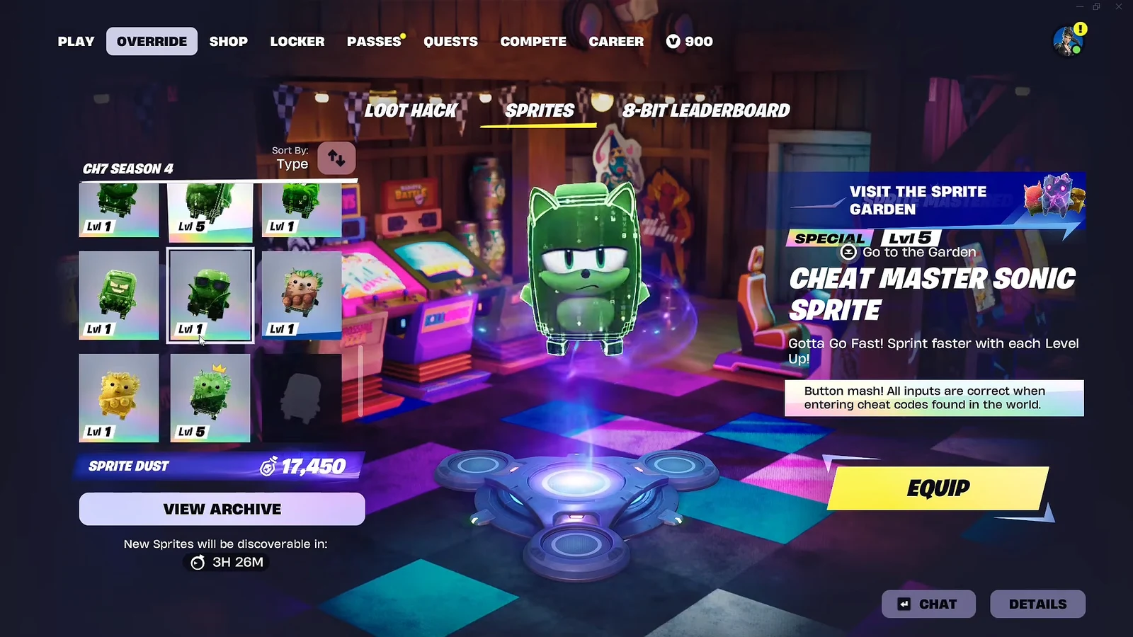 Override Sprites screen highlighting the Cheat Master Sonic Sprite with an Equip button