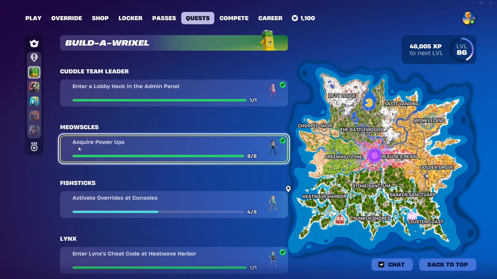 The Quests screen tracking Meowscles' "Acquire Power Ups" objective at 8 of 8.