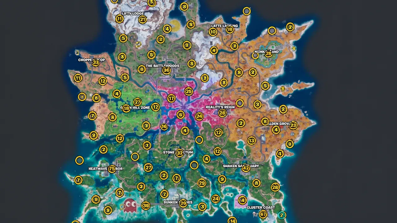 Numbered markers across the island map showing where cheat code consoles can spawn.