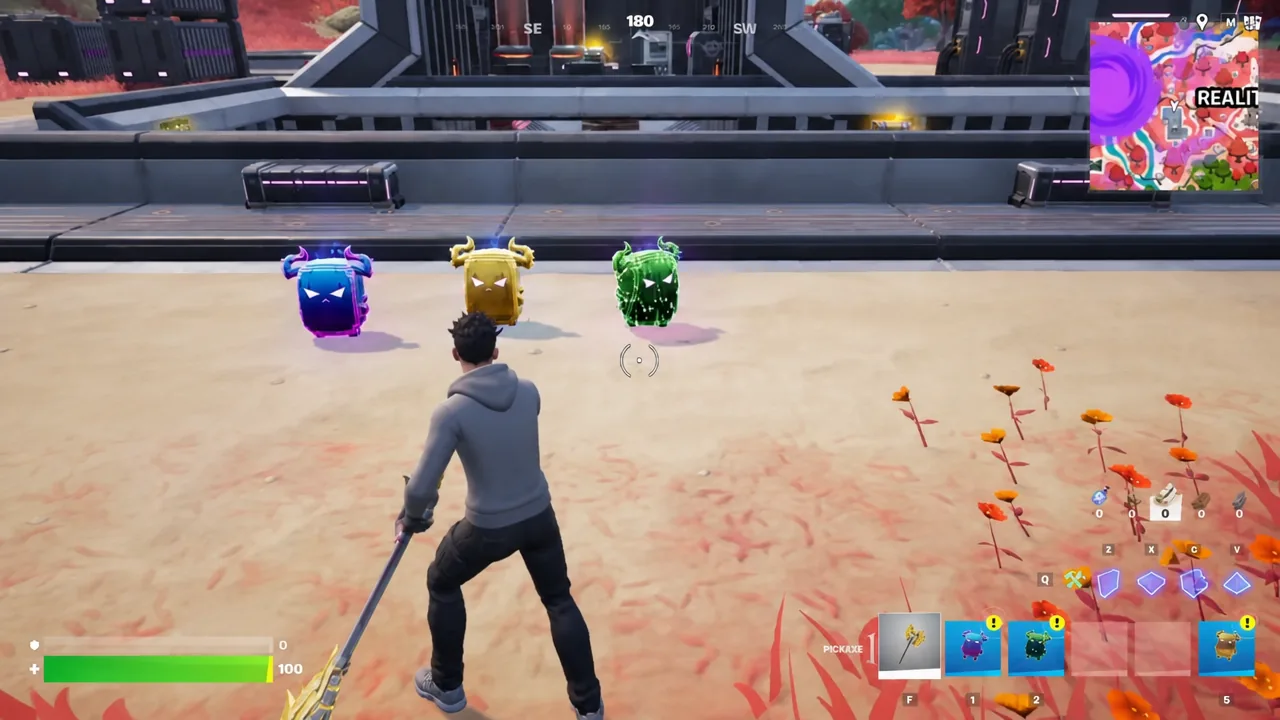 Three Storm Scout Sprite versions sitting on the ground in a match with the pickaxe hotbar slot selected