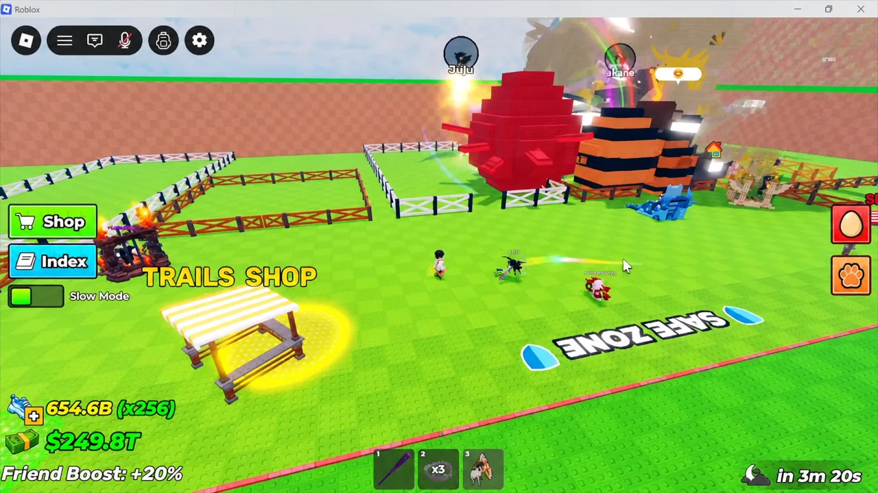 The Trails Shop stall glowing in Steal an Egg with the Shop button visible as the player walks up