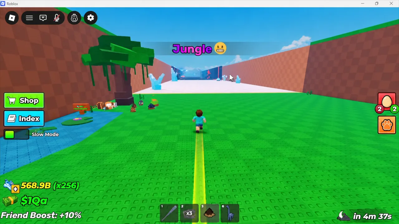 Player avatar sprinting along the glowing path through the Jungle biome on the route to Cosmic