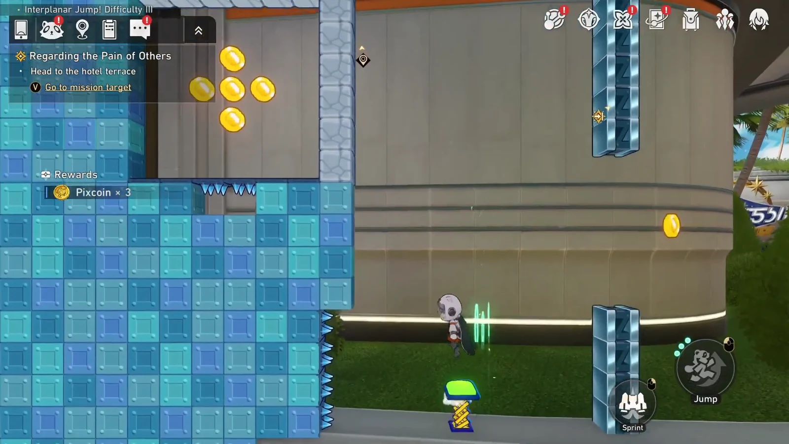 Platforming through spike obstacles while collecting coins toward the hotel terrace