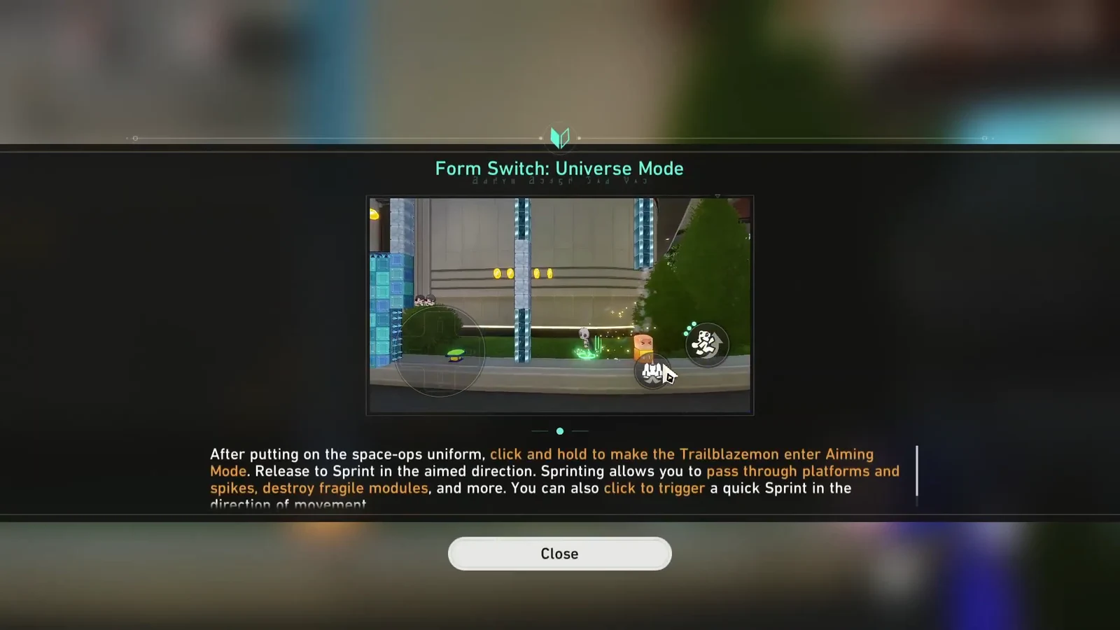 Universe Mode tutorial showing click and hold to aim, then release to sprint