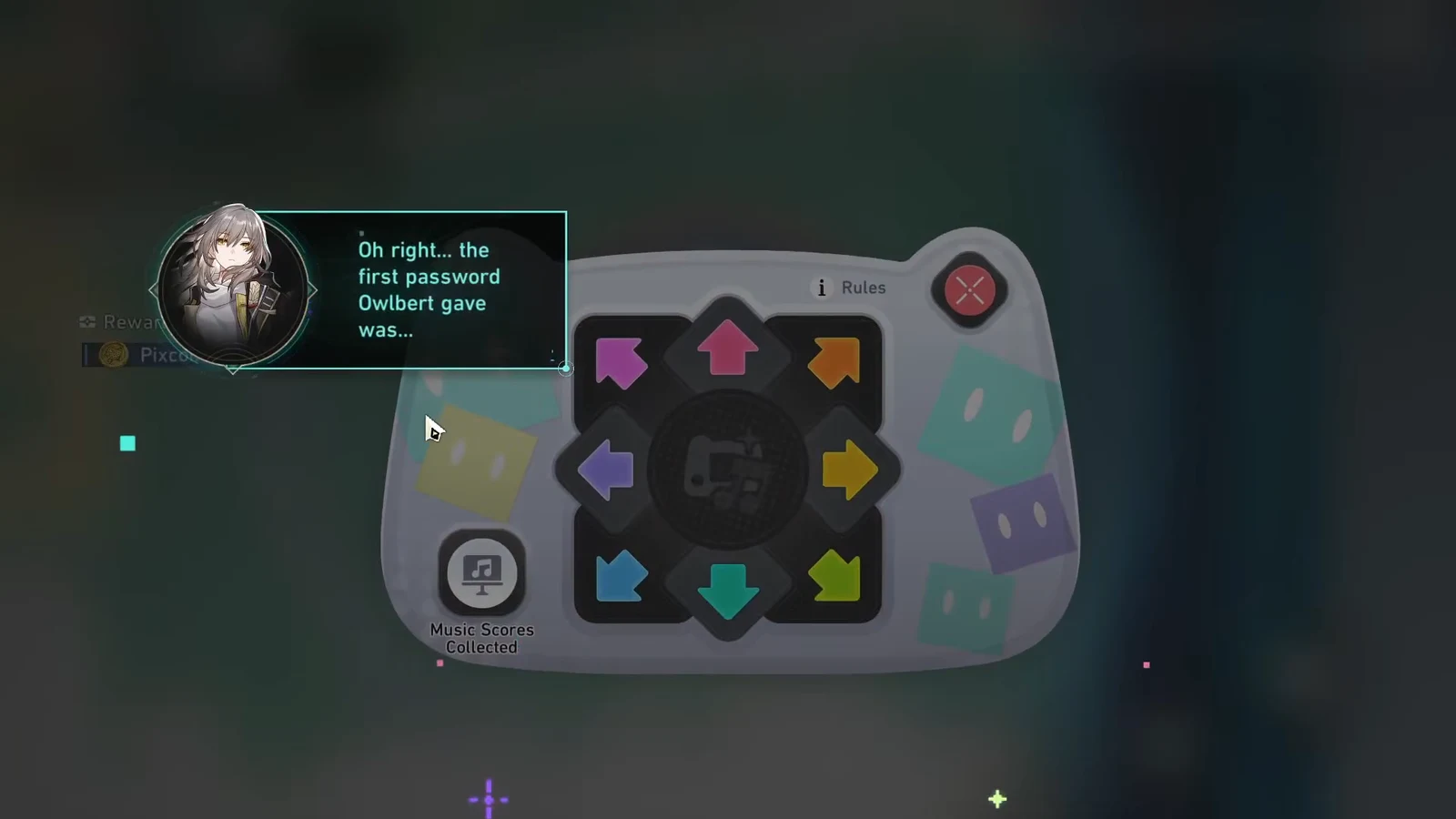 Directional arrow keypad open for the first password with Owlbert's clue on screen