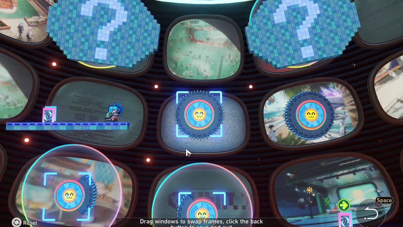 Window Control puzzle showing draggable frames that must be swapped to line up the gravity rings