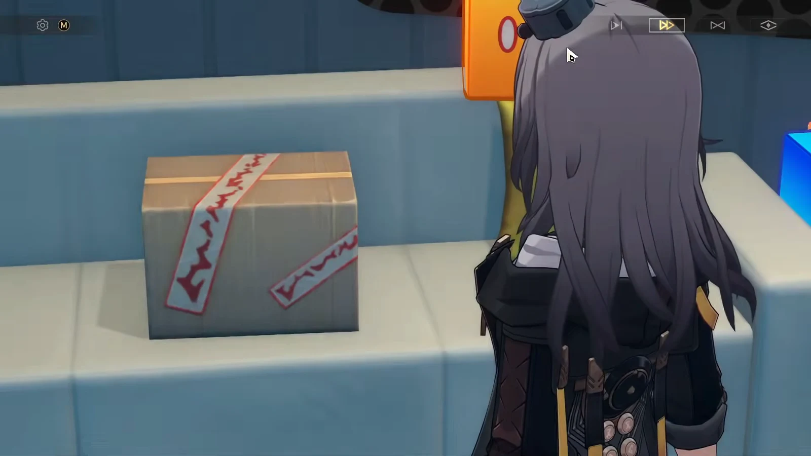 In-game playback bar with the yellow fast-forward button highlighted while skipping the Owlibert cutscene