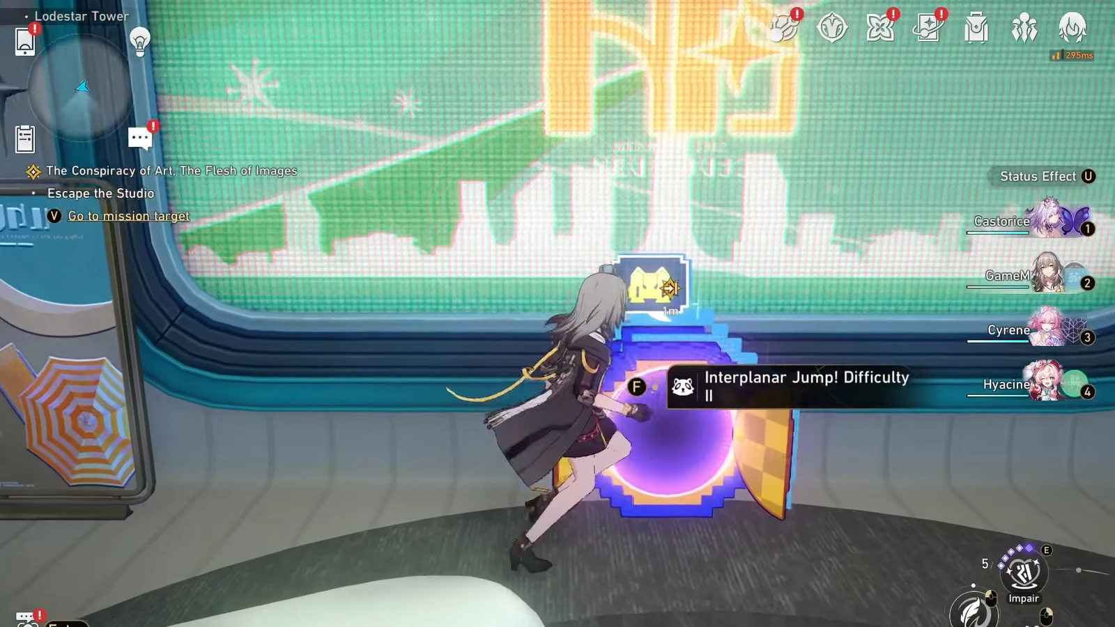 Prompt to press F to enter the Interplanar Jump Difficulty II portal on the wall