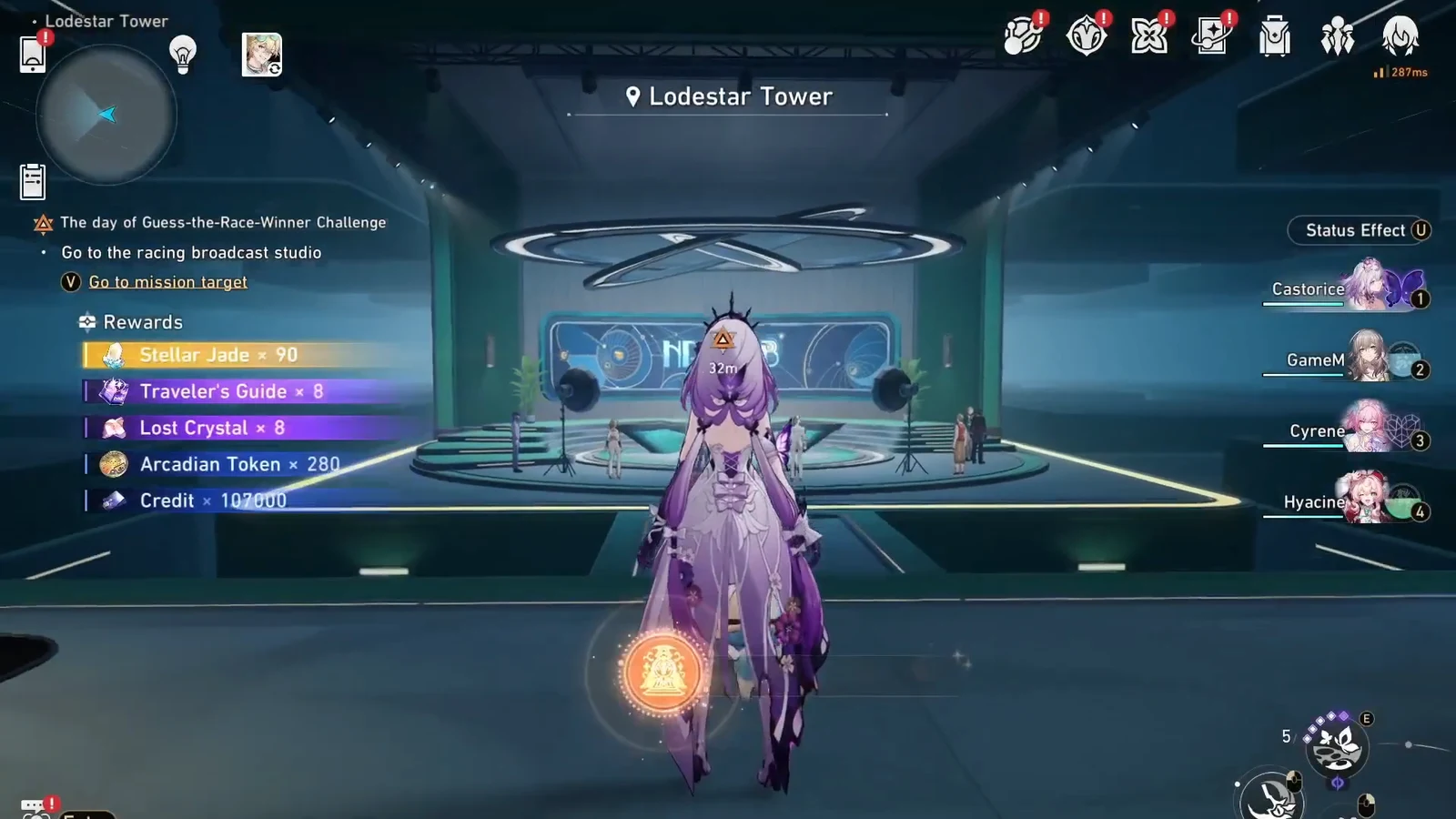 Quest tracker in Lodestar Tower directing the player to the racing broadcast studio