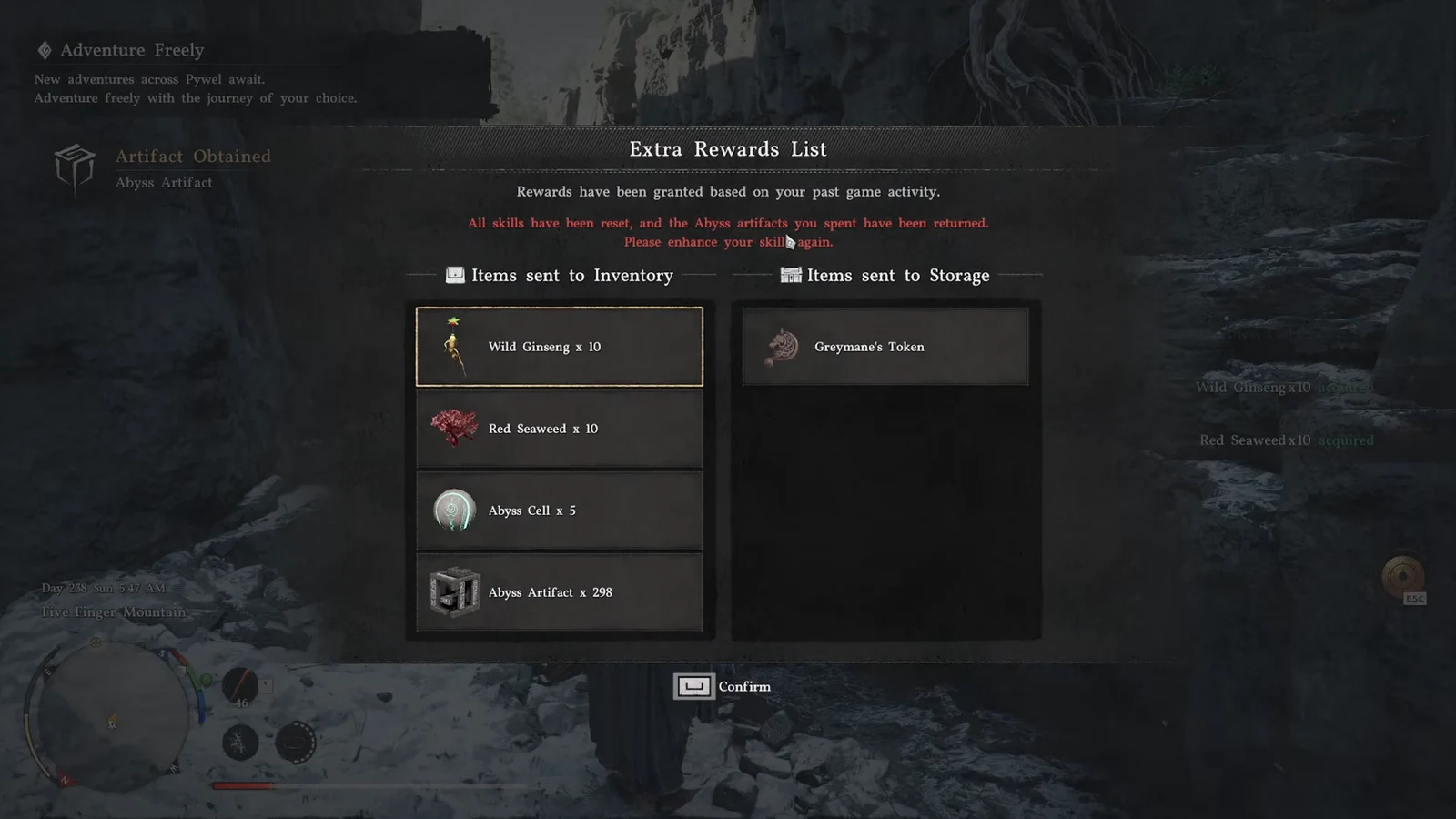 Extra Rewards List showing Wild Ginseng times ten sent to inventory awaiting confirmation