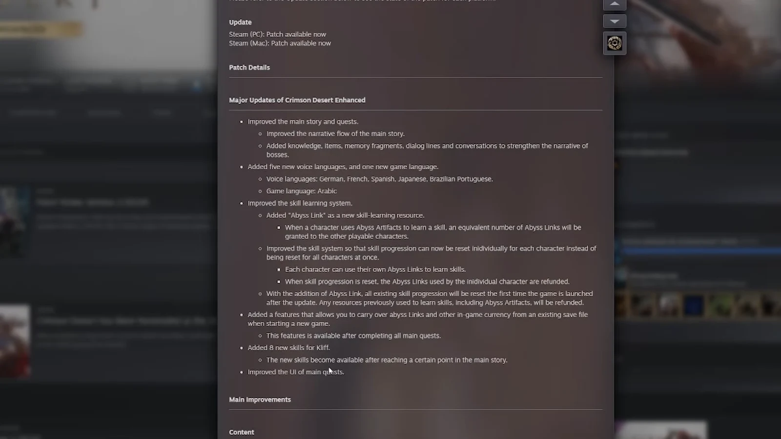 Crimson Desert Patch Details screen listing story, language, skill, and quest changes for the 2.0 update