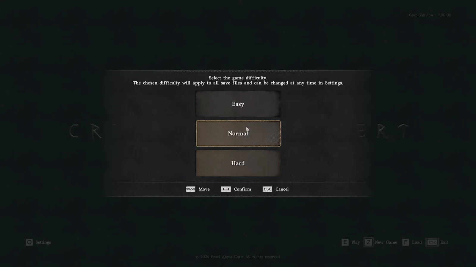 Difficulty selection screen with the Normal option highlighted before starting a new game