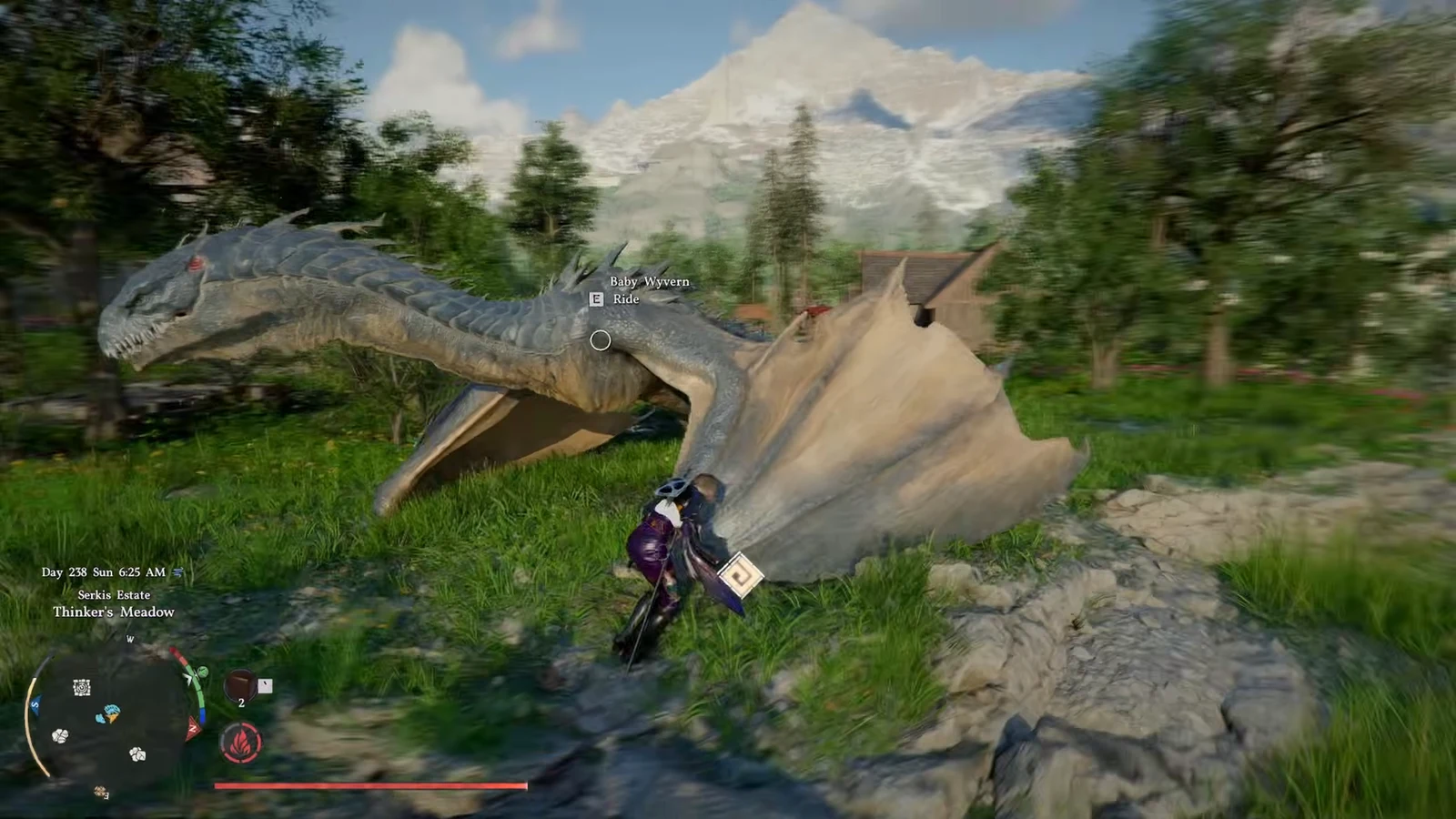 Gameplay view targeting a Baby Wyvern with the E Ride prompt visible before mounting