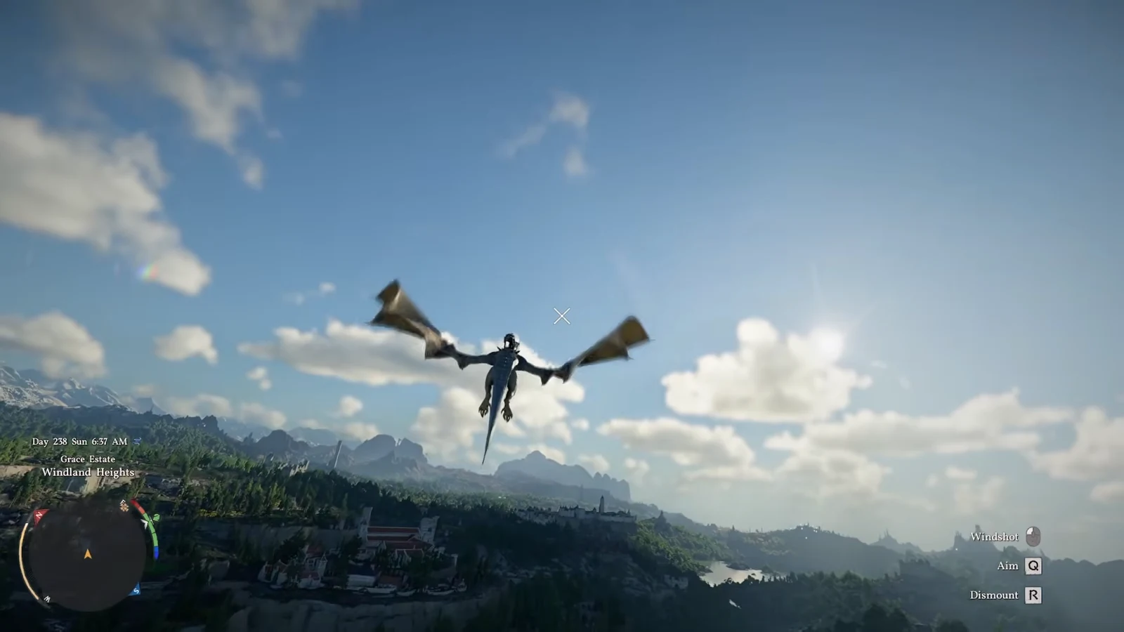 Player flying a winged mount over Grace Estate with on-screen prompts for Windshot, aim, and dismount