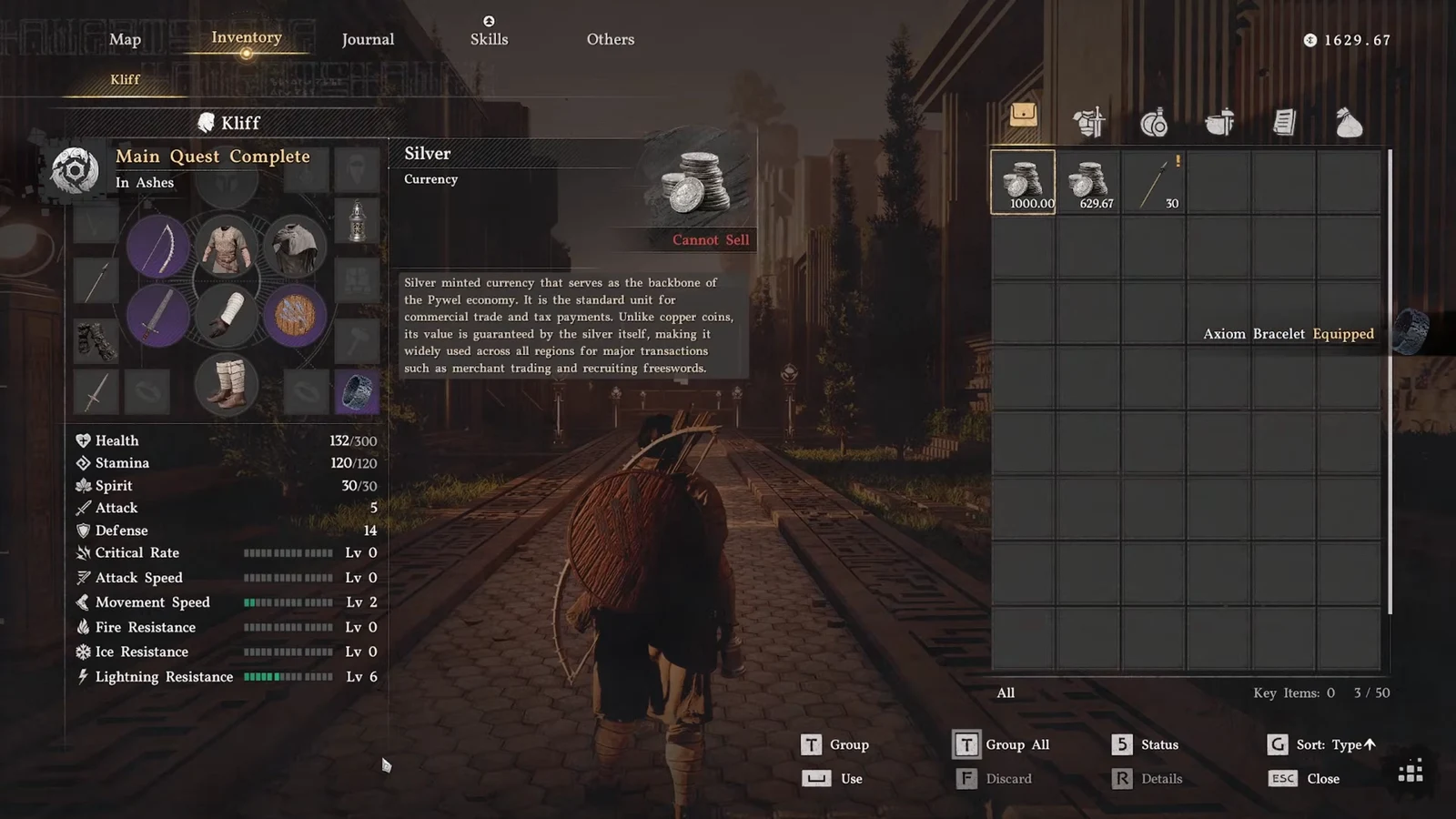 Inventory screen with Silver selected showing its currency details and Cannot Sell status