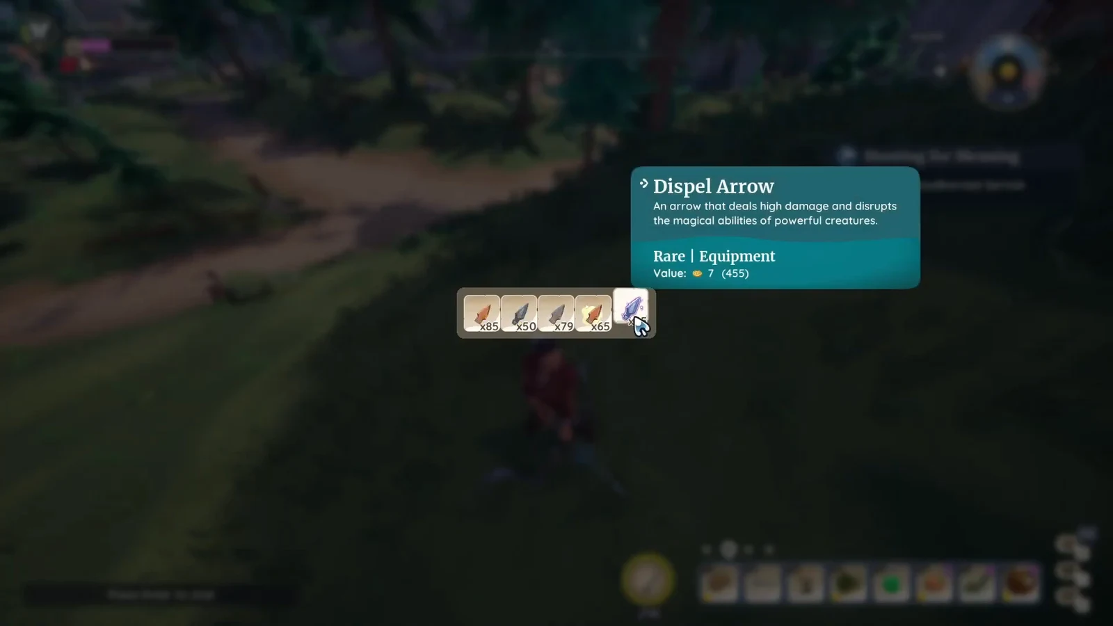 The Dispel Arrow highlighted in the quickbar with its rare equipment tooltip open