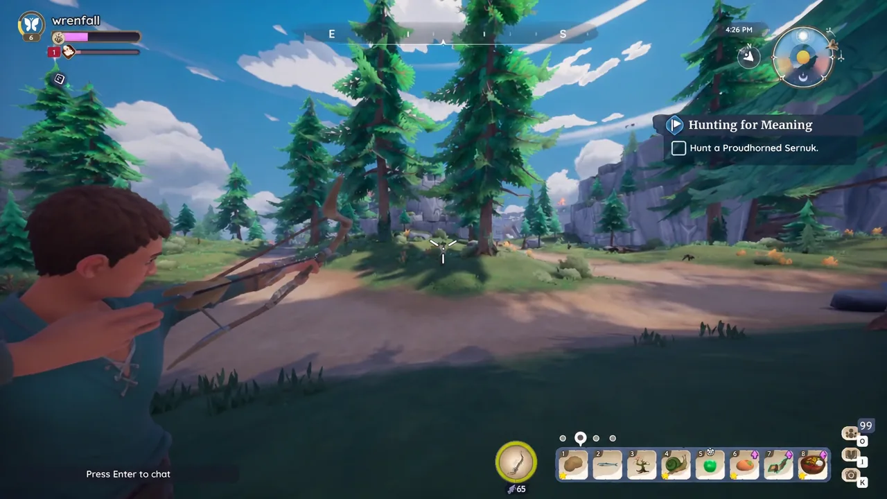 Player creeping toward a Proudhorned Sernuk near a river with bow drawn