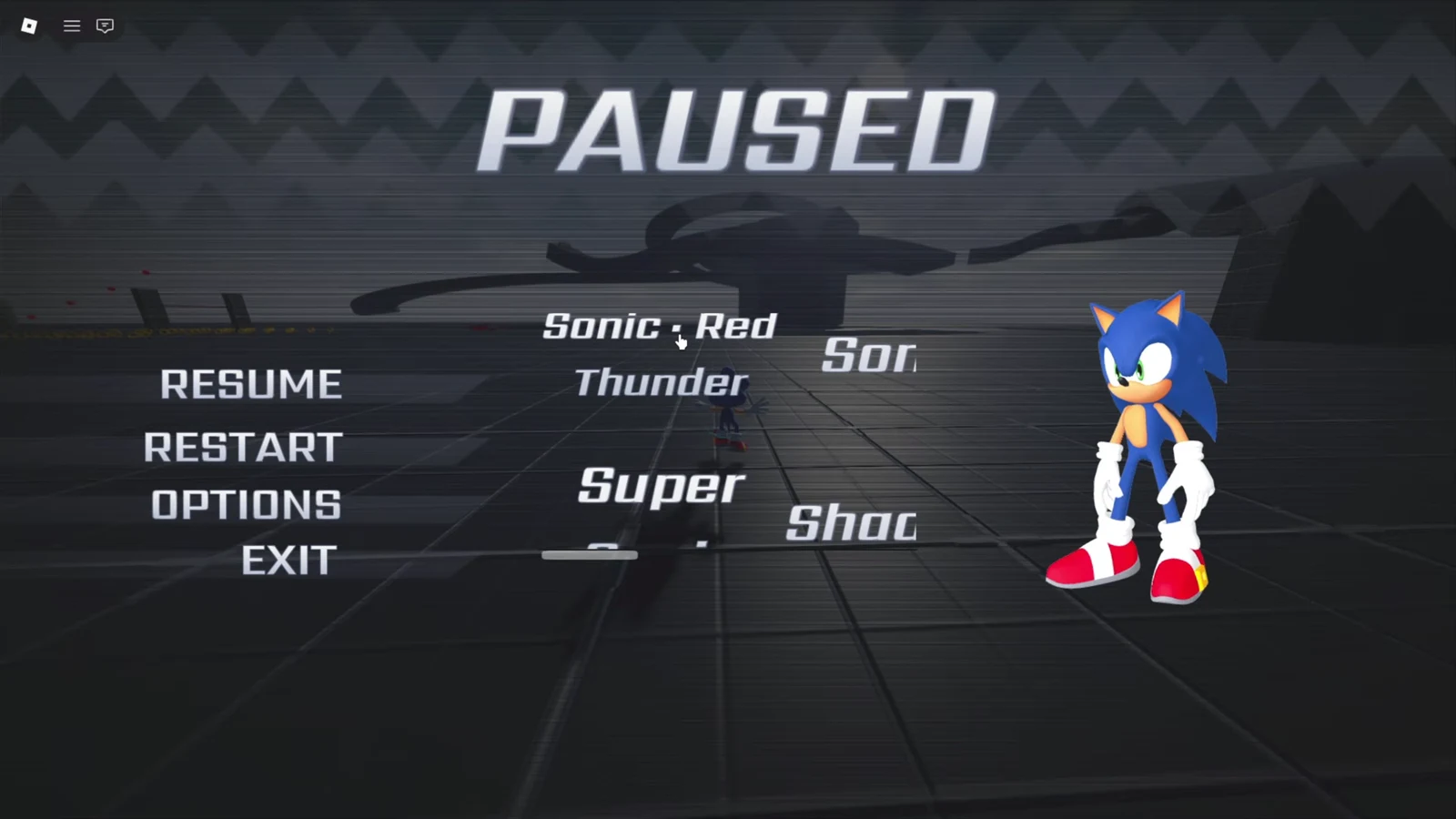 Paused menu showing Resume, Restart, Options, and Exit while Sonic stands in the level