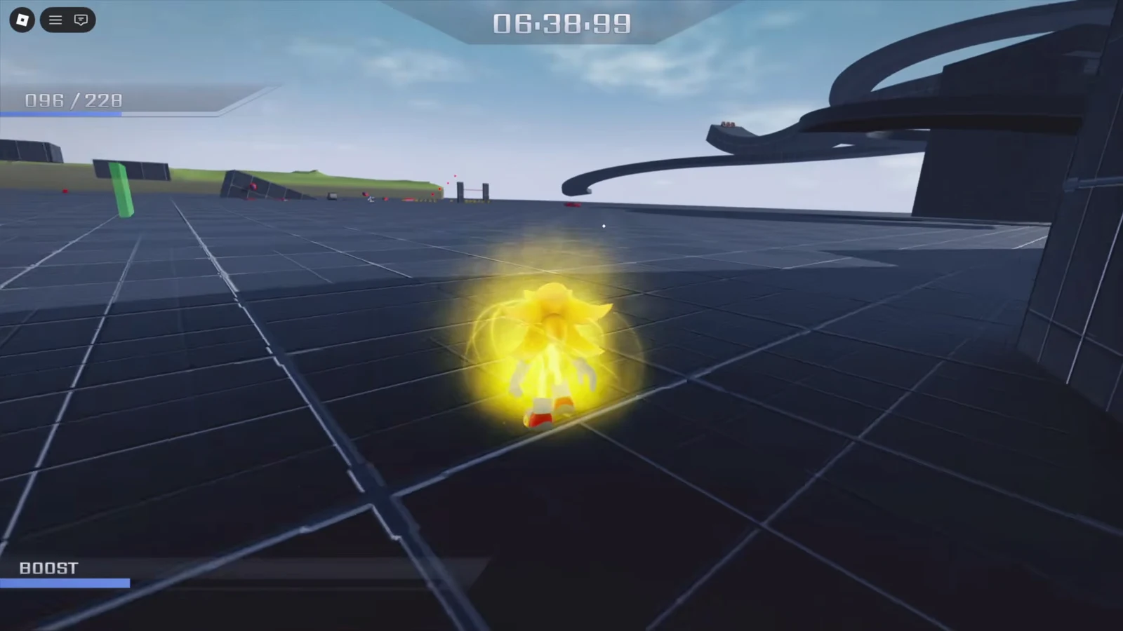 Glowing Super Sonic with an active BOOST meter moving across a platform as the timer counts