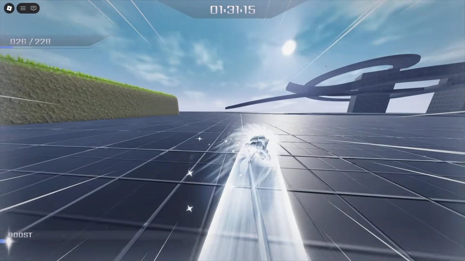 Character boosting along a futuristic track with the race timer and BOOST gauge visible