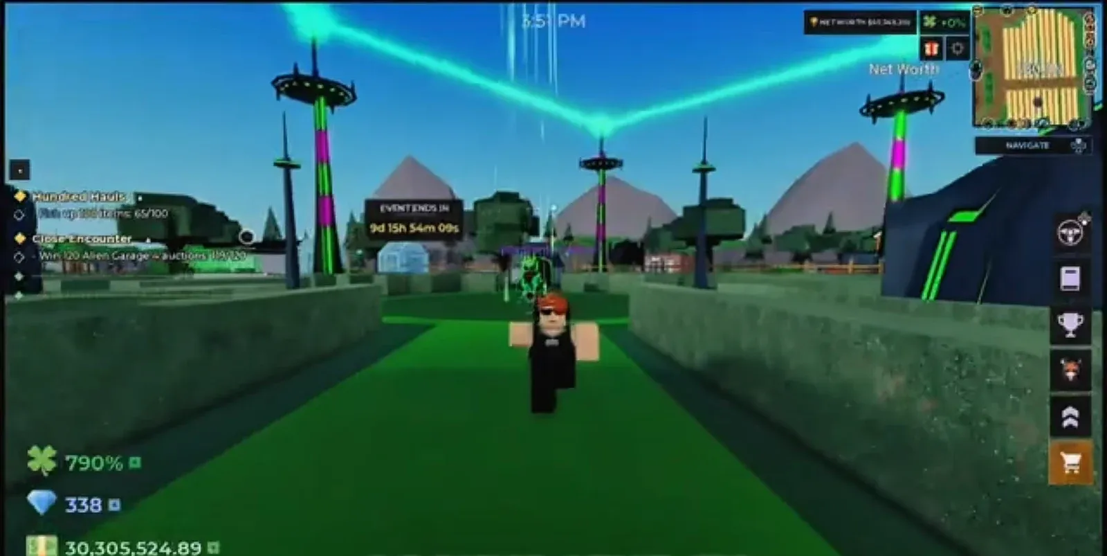 Storage Hunters avatar running along a green path through a futuristic city area