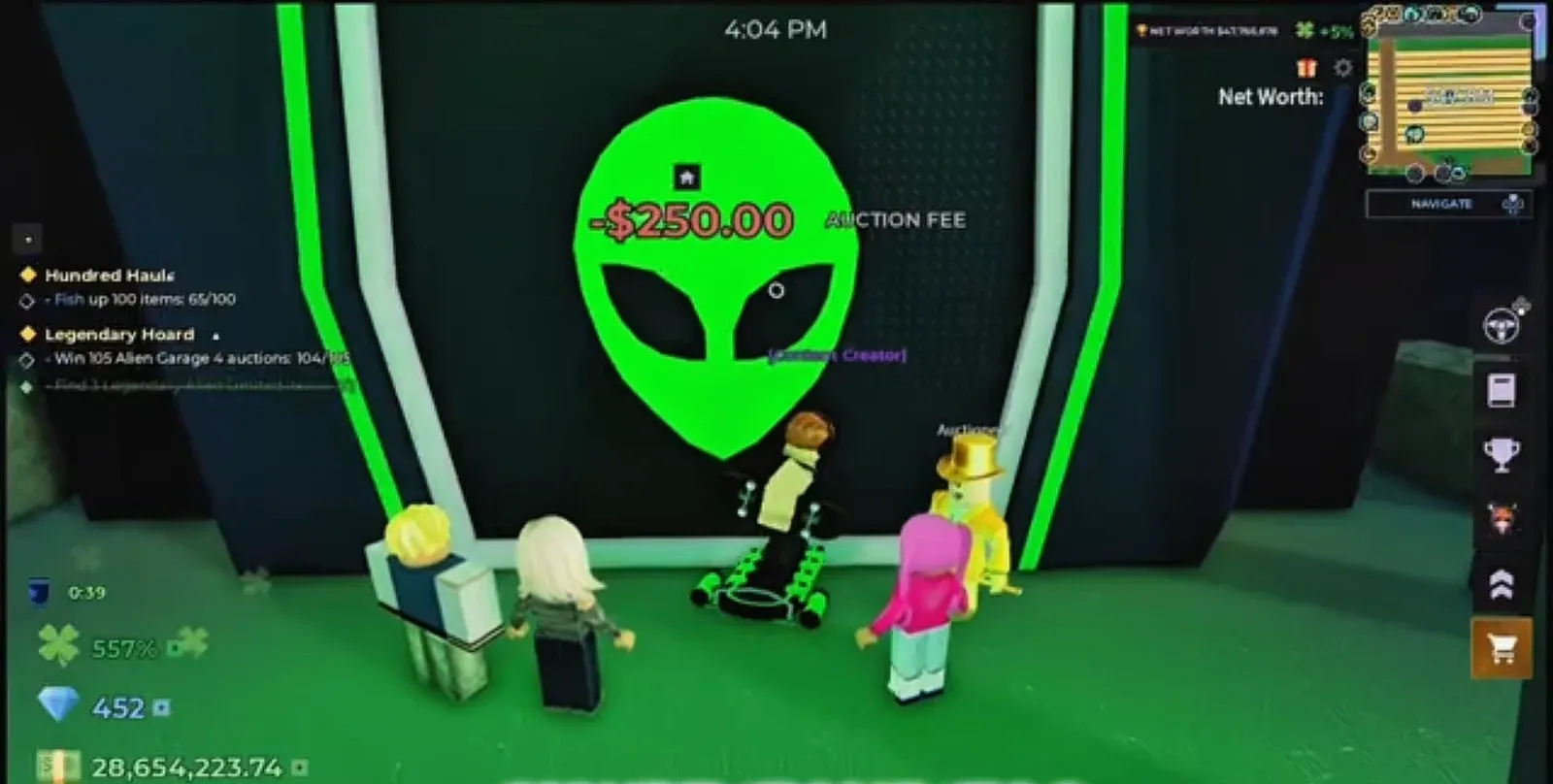 Auction Fee panel showing a minus $250.00 charge during an Alien Garage 4 auction