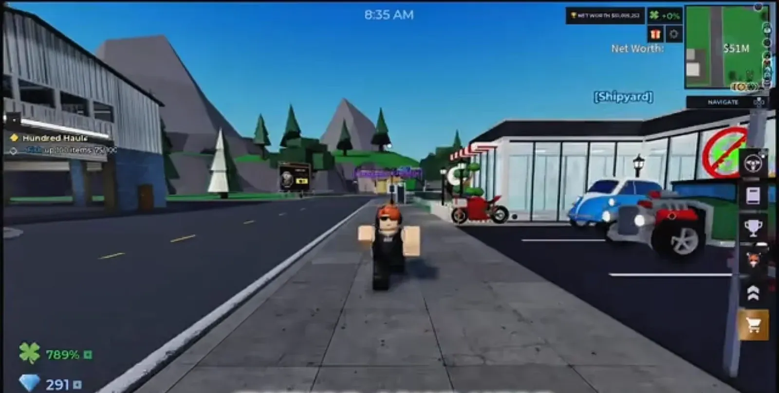 Storage Hunters avatar walking toward a car dealership with the gold cart button selected