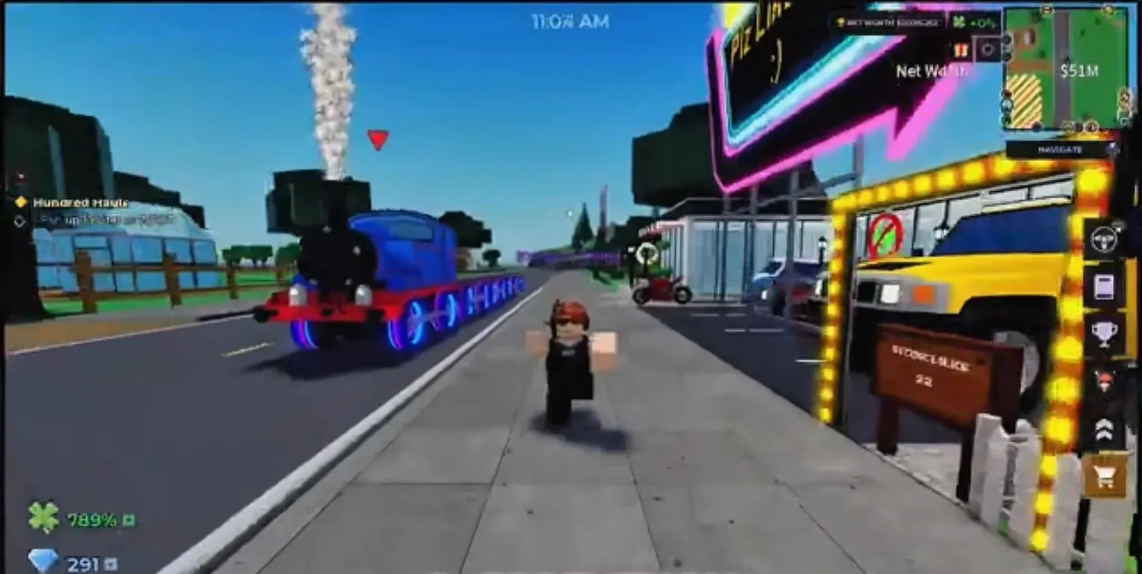 Storage Hunters avatar walking a sidewalk beside a blue train and yellow bus with a quest tracker active