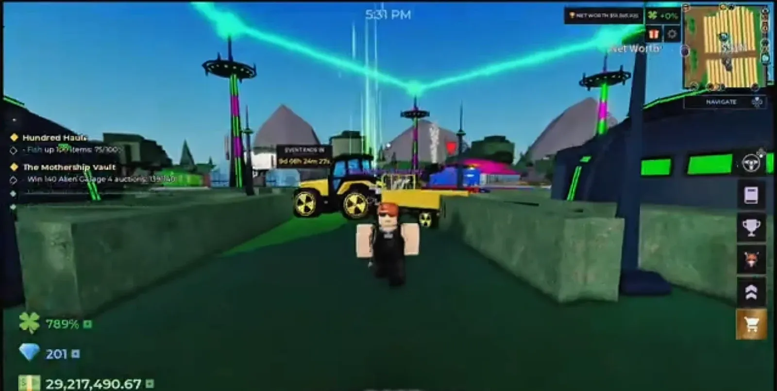 Storage Hunters avatar moving through a hub area with the orange cart button on the menu
