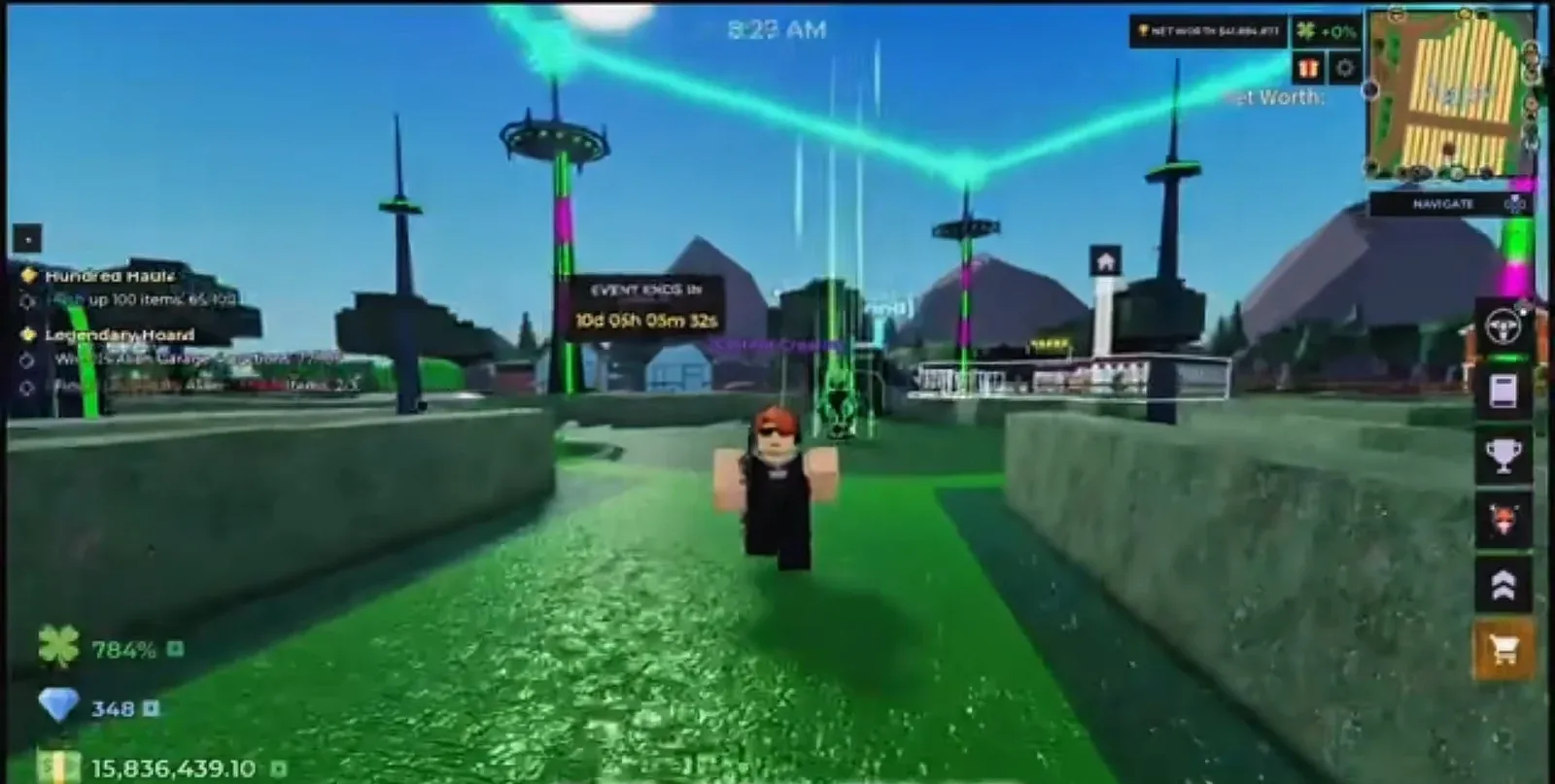 Storage Hunters hub view with an active quest tracker and event countdown on screen