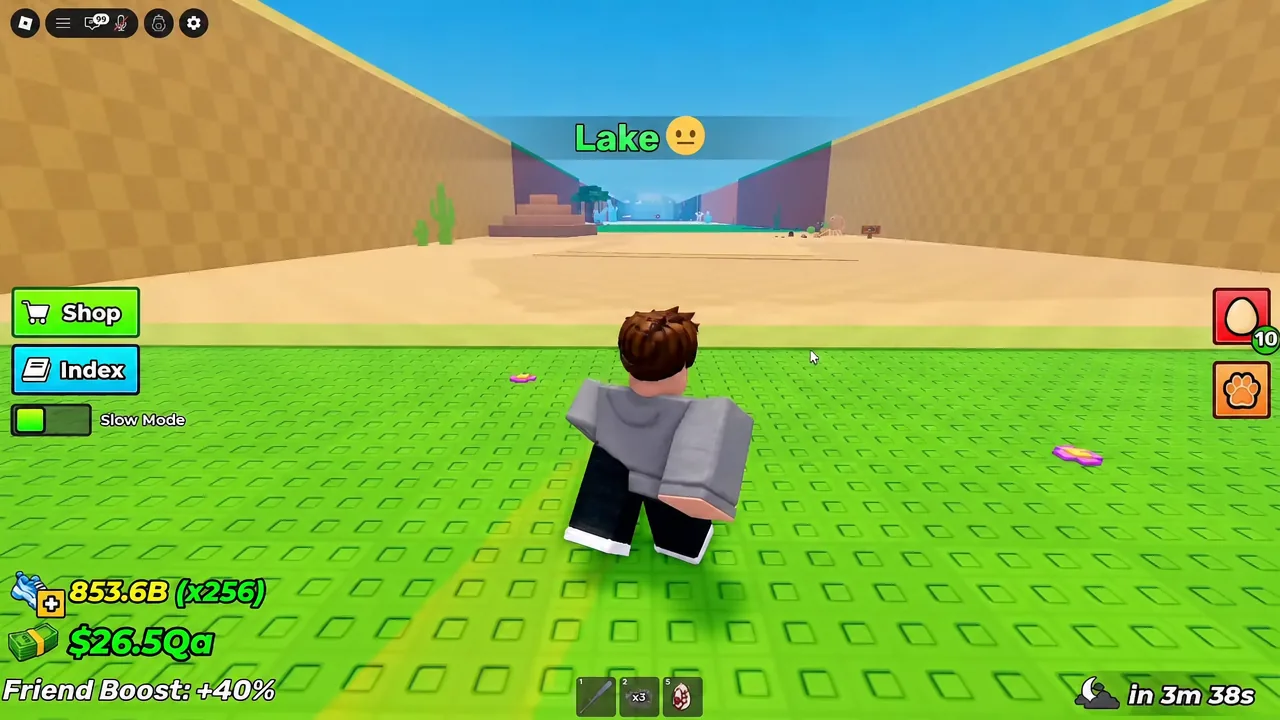 Player running forward through the Lake zone on the way to the later biomes.