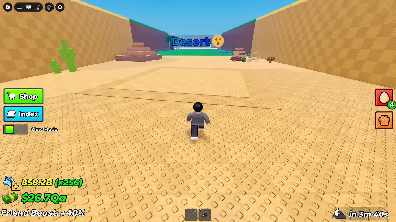 Desert zone gameplay with the green Slow Mode toggle switched on.