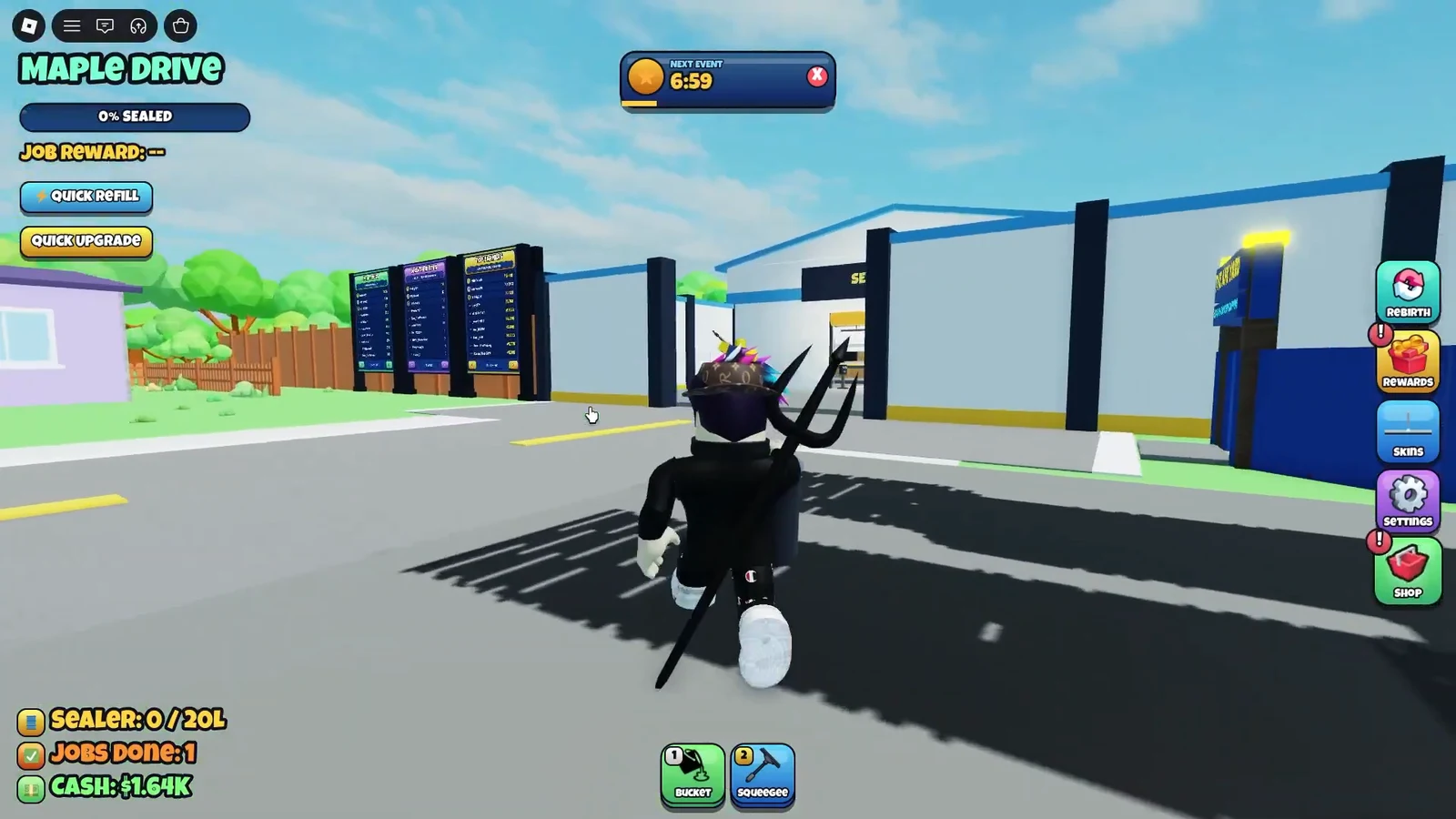 Player walking back toward the Sealer refill building on Maple Drive with an empty bucket