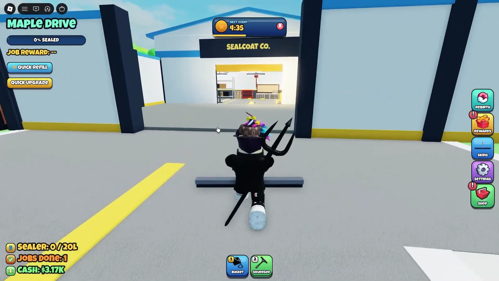 Player approaching the Sealcoat Co. entrance on Maple Drive with the Bucket tool ready