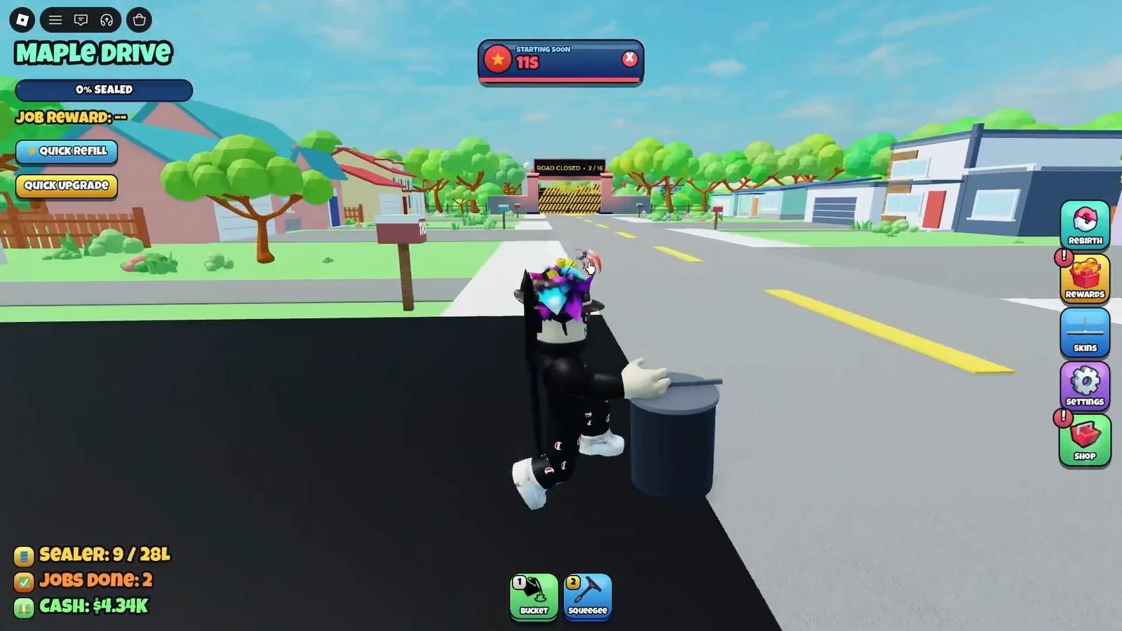 Player with the Bucket tool beside a roadside trash bin on Maple Drive as the next job countdown starts