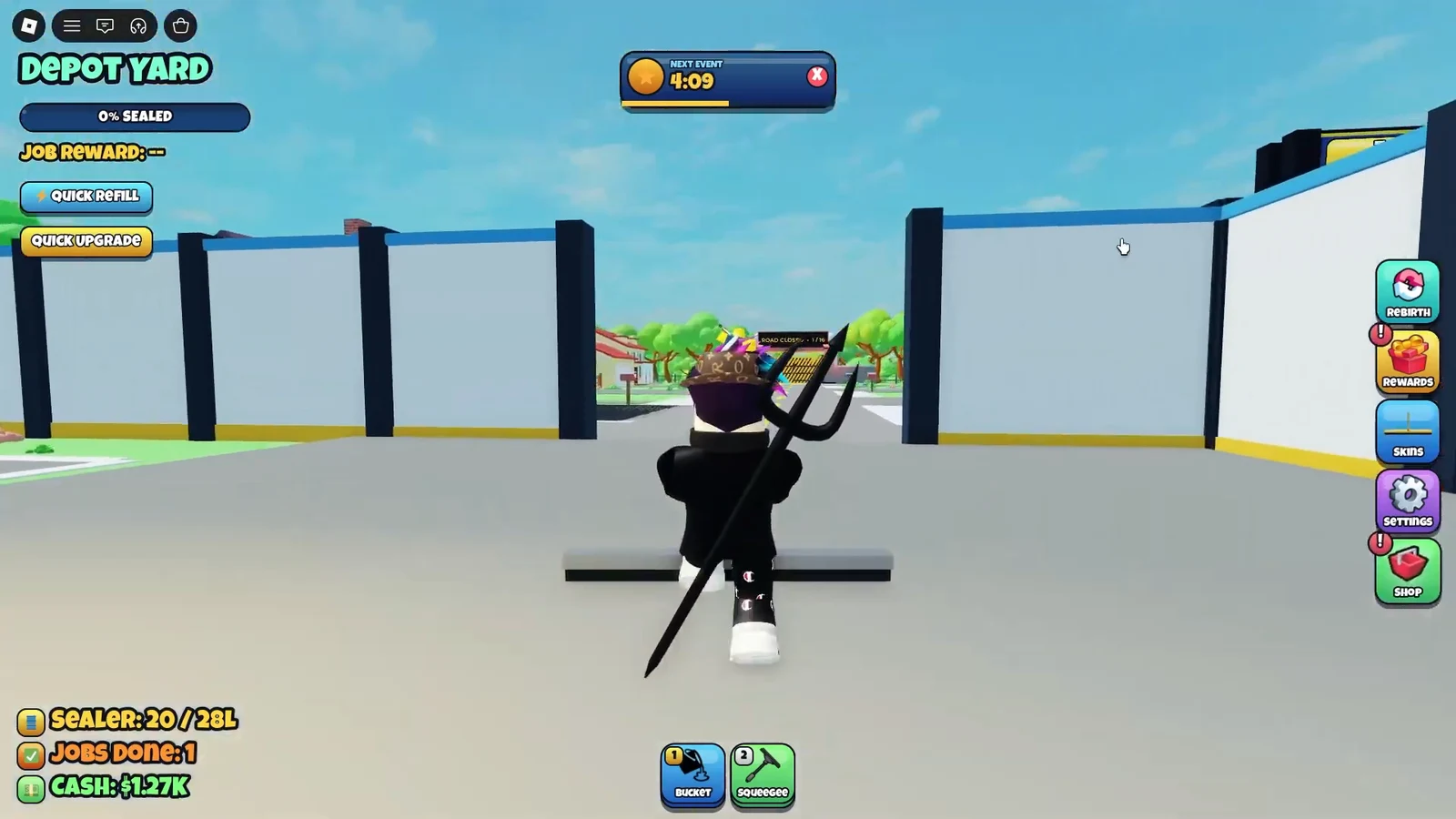 Player moving through the Depot Yard work area with the Bucket tool selected between refills