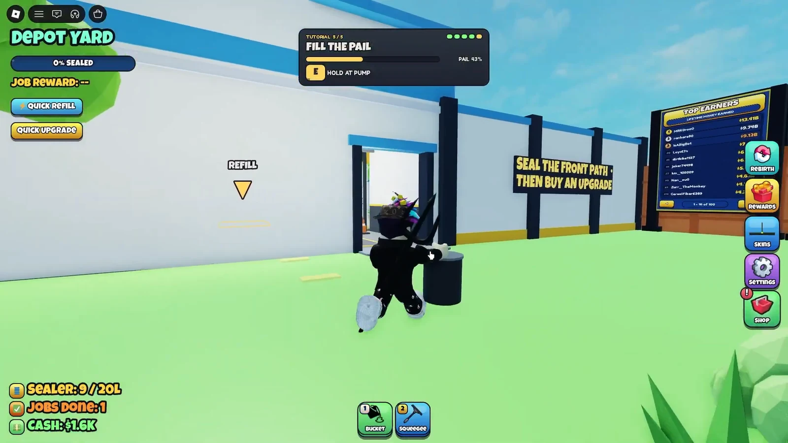 Fill the Pail tutorial prompt telling the player to hold E at the Depot Yard pump