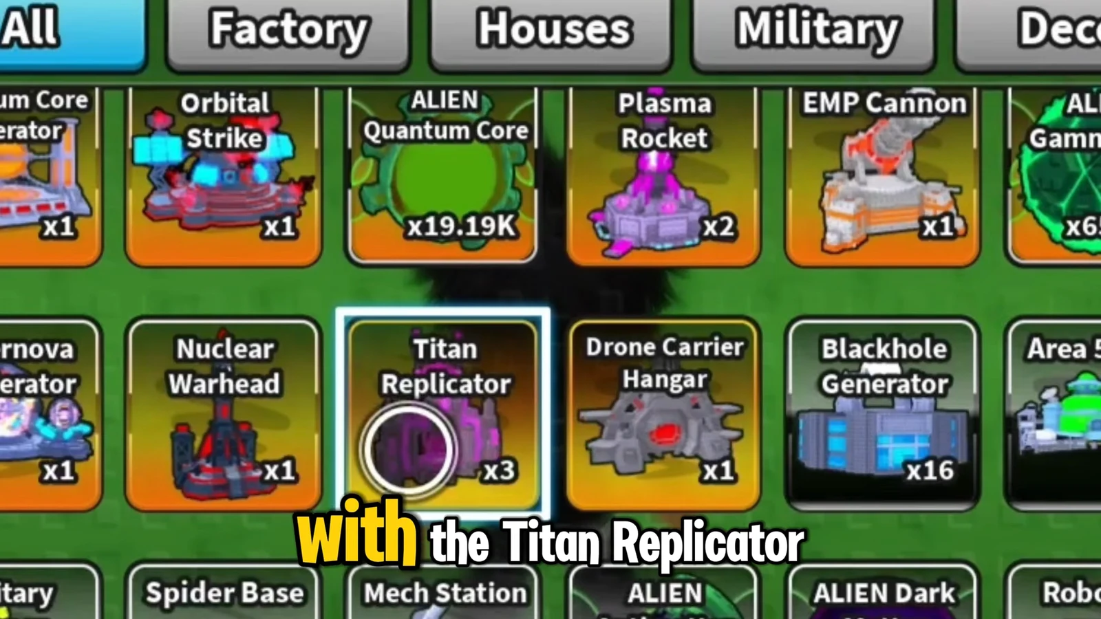 All category open with the Titan Replicator item highlighted for selection