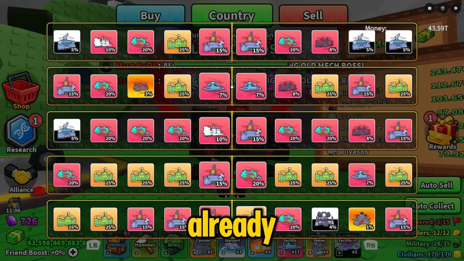 Country menu showing building cards with drop percentages and an already-owned status