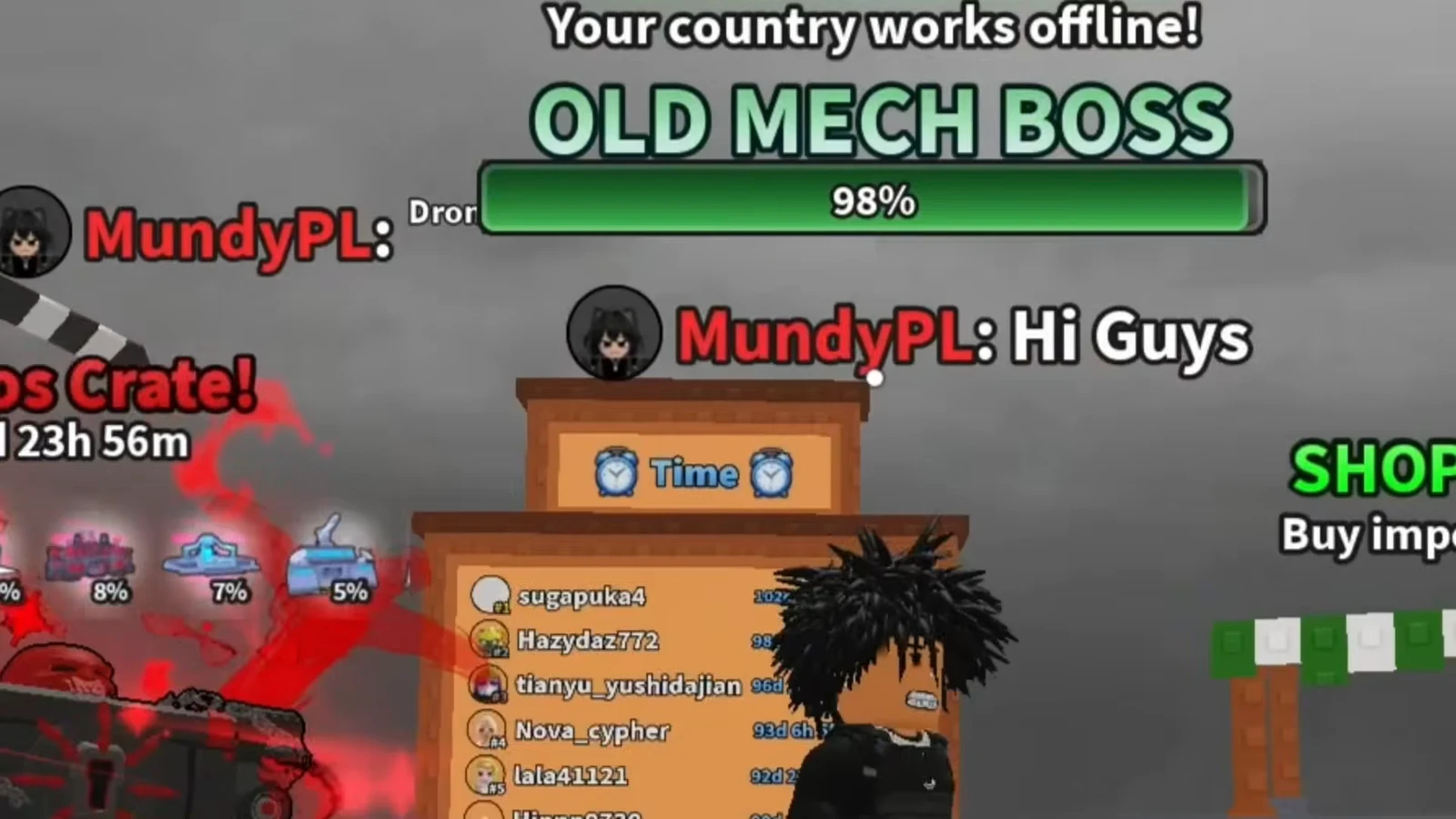 Old Mech Boss encounter with its health bar near full beside the Time leaderboard and Shop