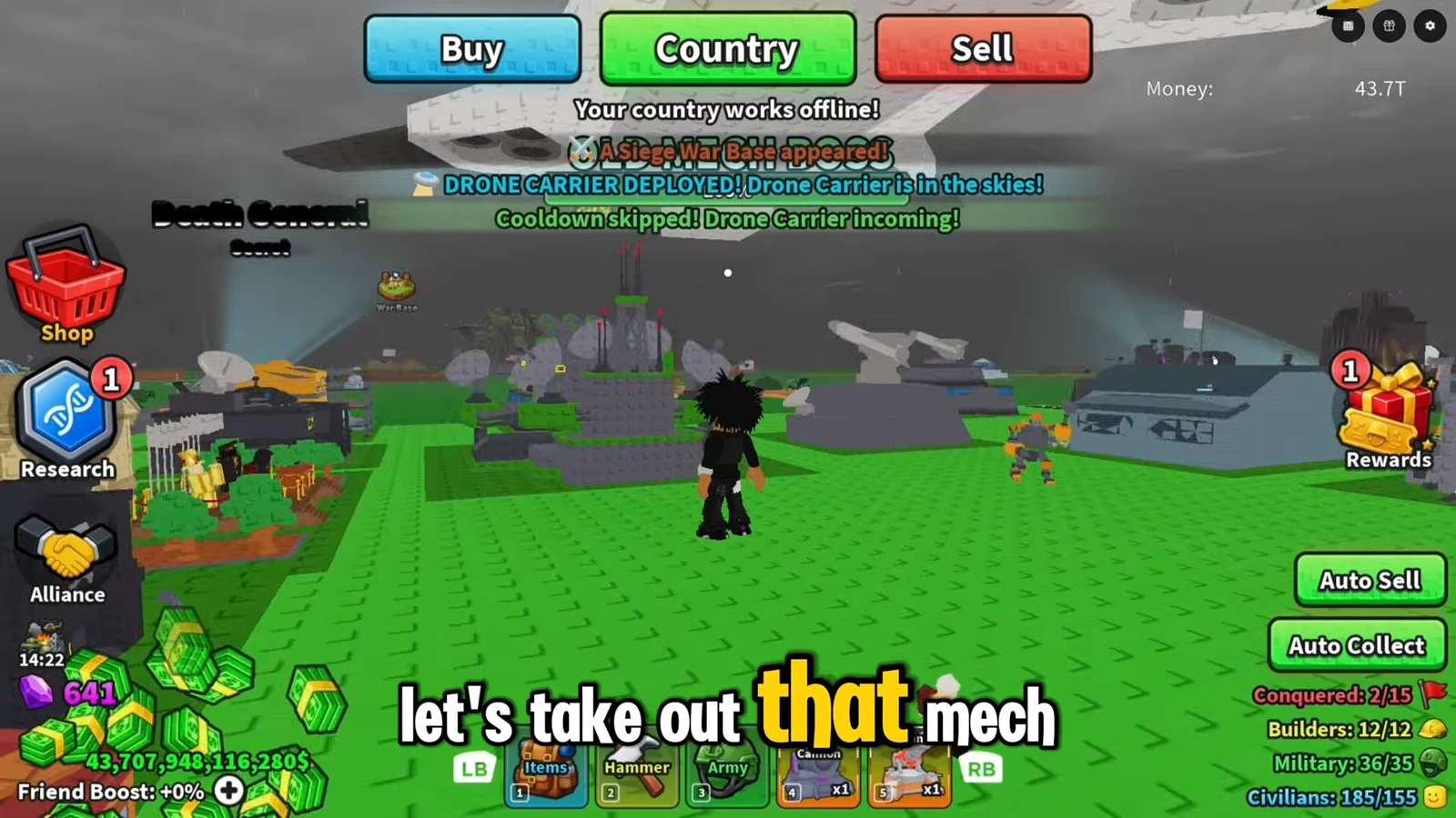 Player advancing across the battlefield toward an enemy mech with Buy, Country, and Sell tabs visible