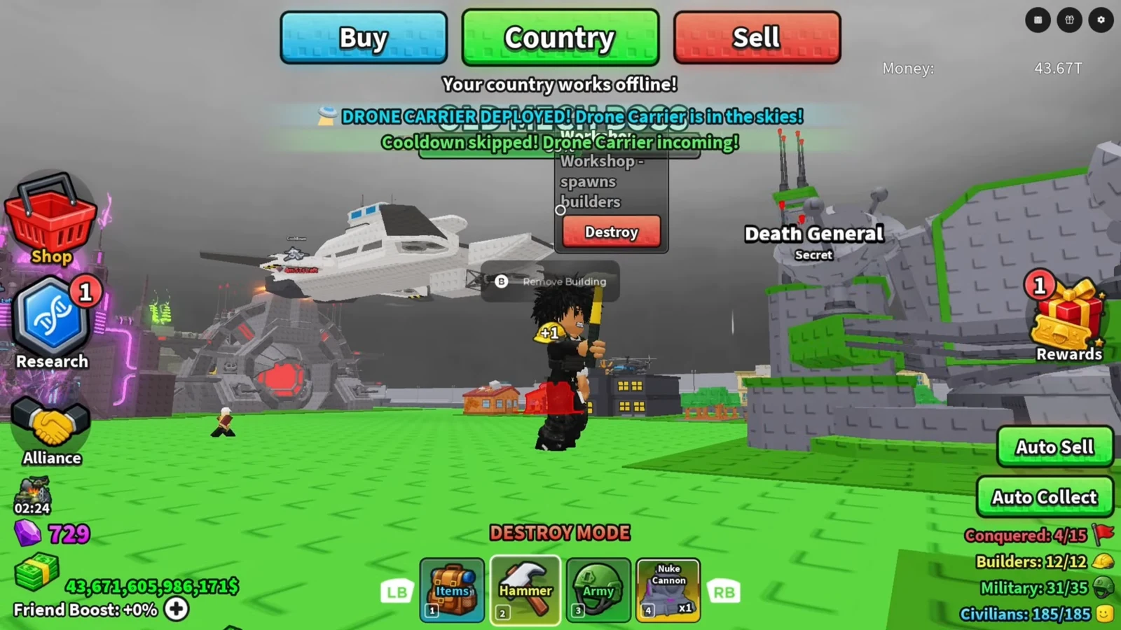 Workshop structure popup showing its description and a red Destroy button