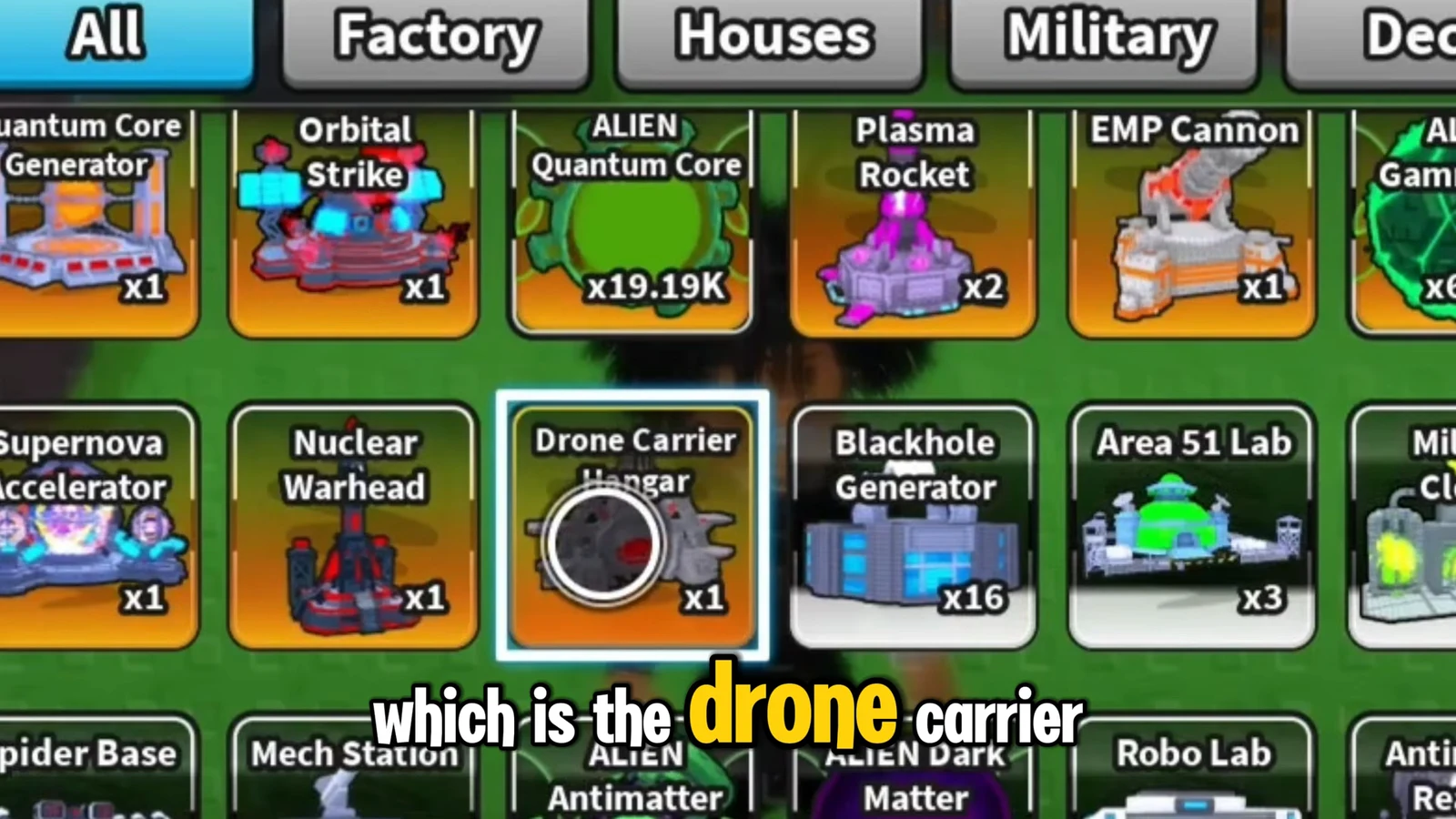 Building catalog open with the Drone Carrier Hangar highlighted for selection