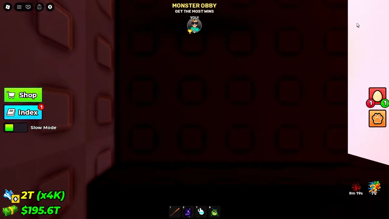 Monster Obby lobby with the green Shop button before the race countdown ends