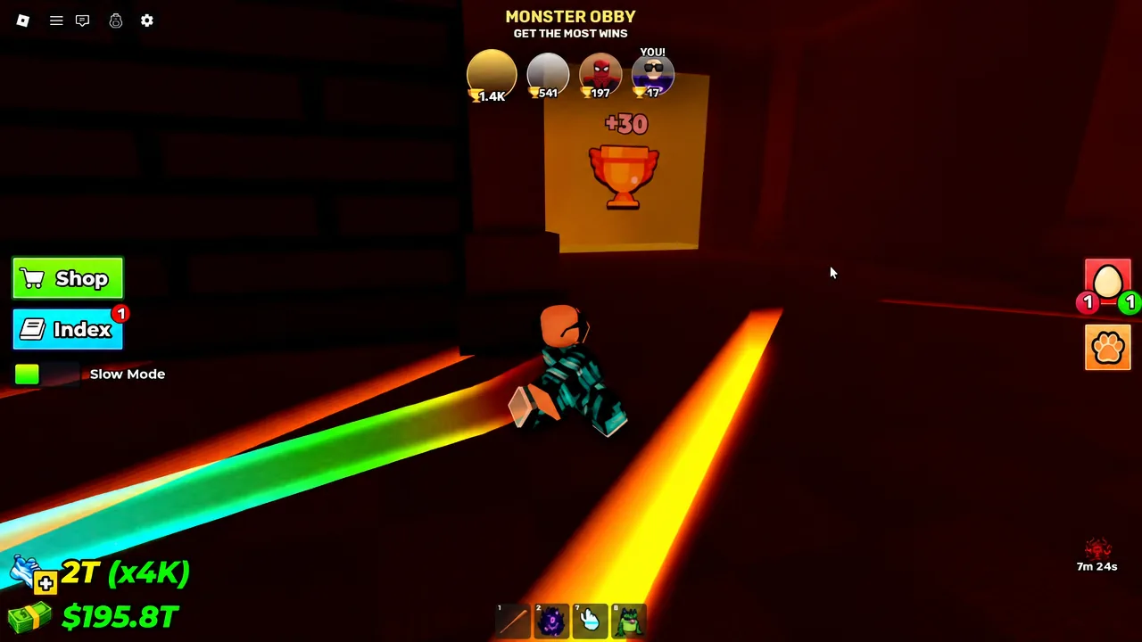 Avatar crossing the glowing Monster Obby course with the Slow Mode toggle switched on